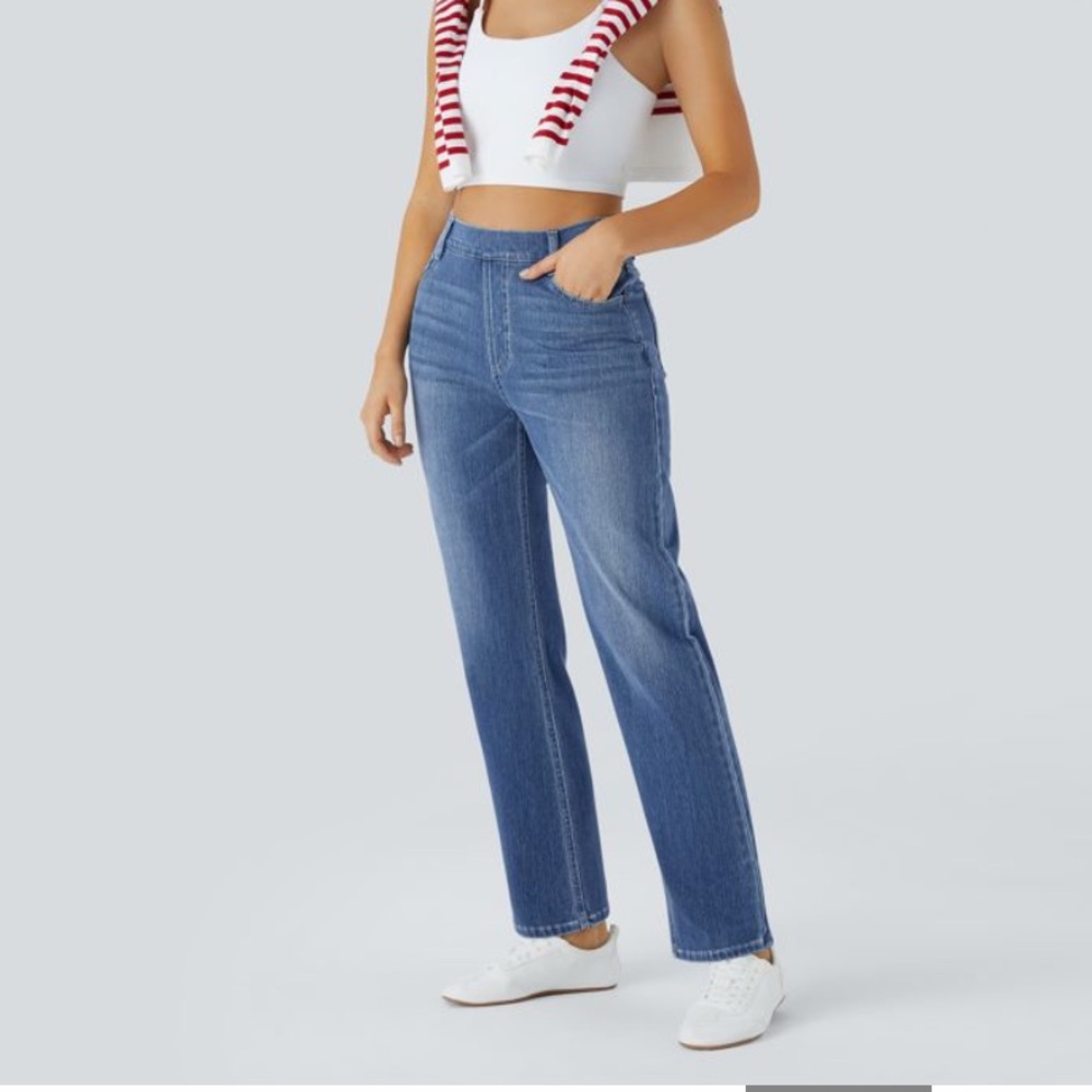 Halara Flex™ High Waisted Pockets Straight Leg Washed Casual Jeans Sz Small Tall